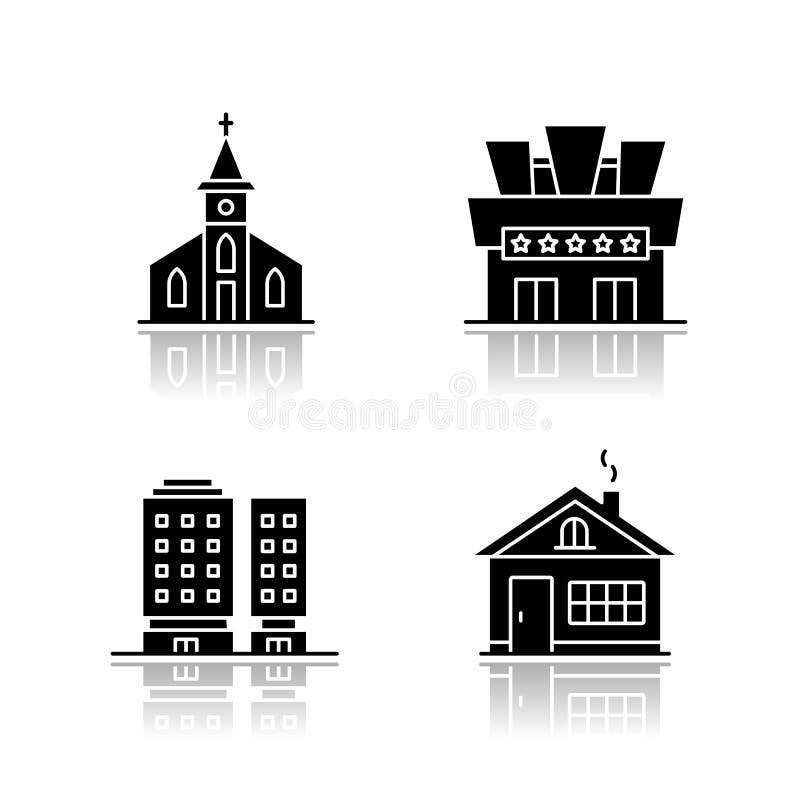 Городские здания падают набор значков Glyph тени черный Иллюстрация вектора  - иллюстрации насчитывающей гостиница, глиф: 182044334