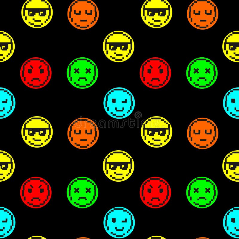 Emoticons Smile Faces Vector Seamless Pattern. Different Emoji Icons in  Pixel Art on Black Background Stock Vector - Illustration of head, dead:  211660184