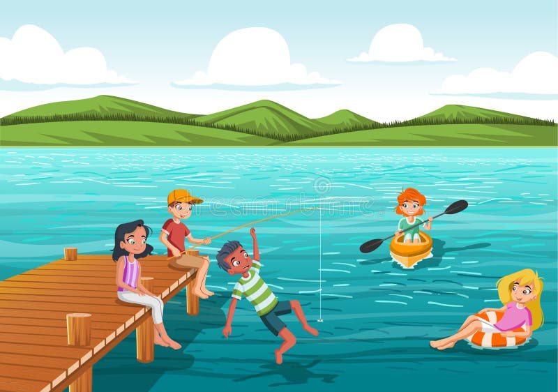 He swims very well. Children Swim in the Lake cartoon. Jump into the Water vector.
