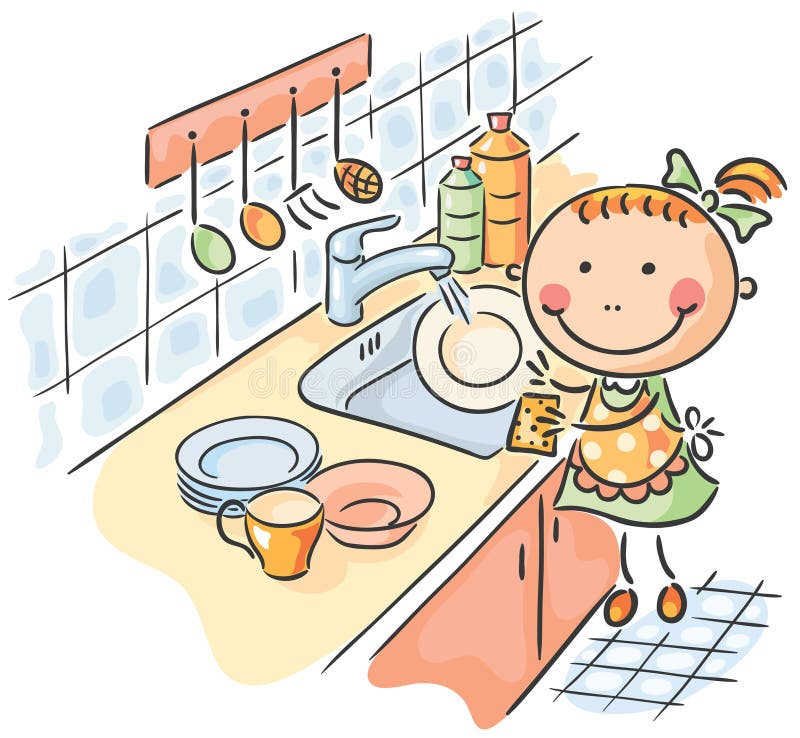 Дежурный по кухне еда. Мытье посуды для детей. Домашние дела иллюстрация. Кухня иллюстрация. Мытье посуды рисунок для детей.