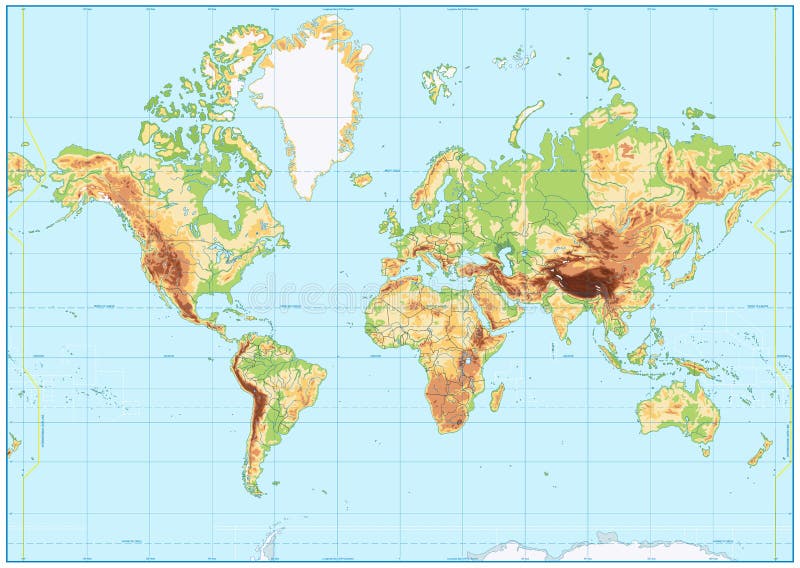 Детальная физическая карта мира без обозначать Иллюстрация вектора -иллюстрации насчитывающей дело, европа: 99399701