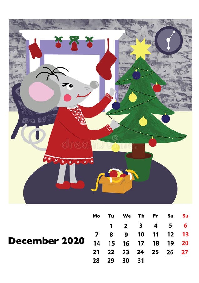Детский календарь 2020 на декабрь, с главной героической крысой или мышью,  символом нового года Неделя начинается в понедельник К Иллюстрация вектора  - иллюстрации насчитывающей декабрь, счастливо: 162648479
