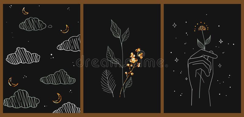 Set of Three Abstract Minimalist Aesthetic Backgrounds with Clouds, Stars,  Crescent, Lines, Hand, Flowers. Stock Vector - Illustration of colors,  flat: 200857710