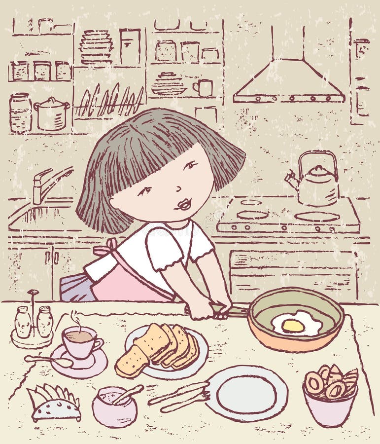 Готовим завтрак иллюстрации. Девушка готовит завтрак рисунок. Девочка готовит завтрак иллюстрация. Готовить завтрак рисунок.