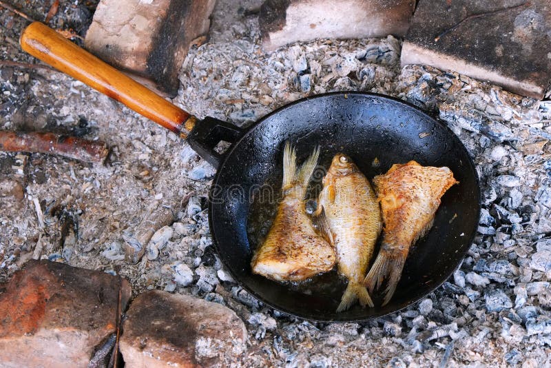 Жареная рыба на костре. Жареная рыба на костре на сковороде. Рыба в чугунной сковороде на открытом огне.