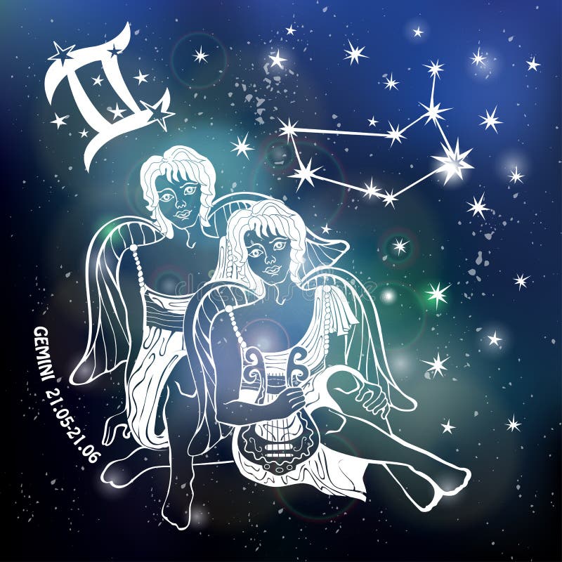 Знак зодиака мальчика Джемини Круг гороскопа Небо темноты космоса. 