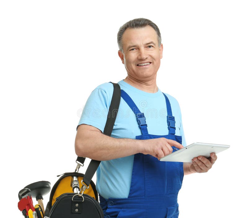 Young Plumber With Clipboard On White Background Stock Photo By Africa Images