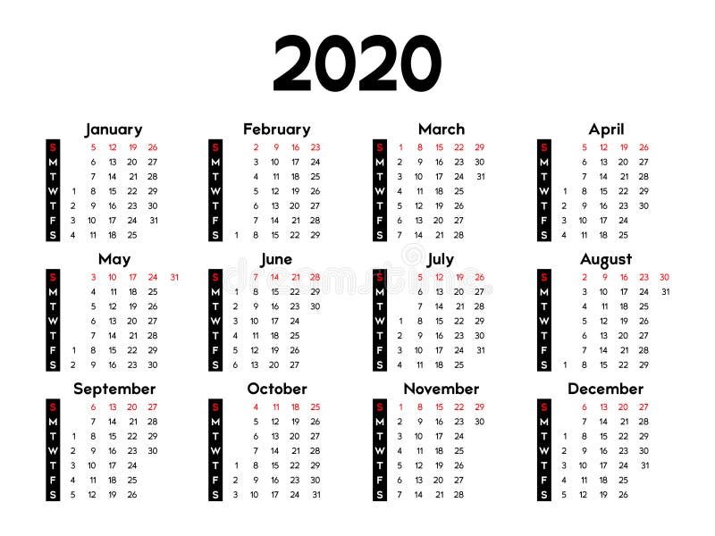Календарь рабочих недель 2020 год Календарь 2020, 2021, неделя начинается в воскресенье Иллюстрация вектора - иллю