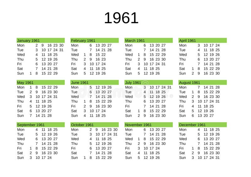 календарь на 1961 год на английском языке Иллюстрация штока - иллюстрации  насчитывающей декабрь, ноябрь: 274913497
