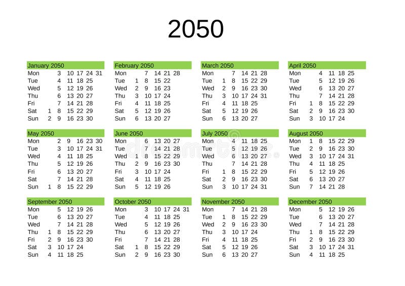 календарь на 2050 год на английском языке Иллюстрация штока - иллюстрации  насчитывающей смогите, декабрь: 274914027