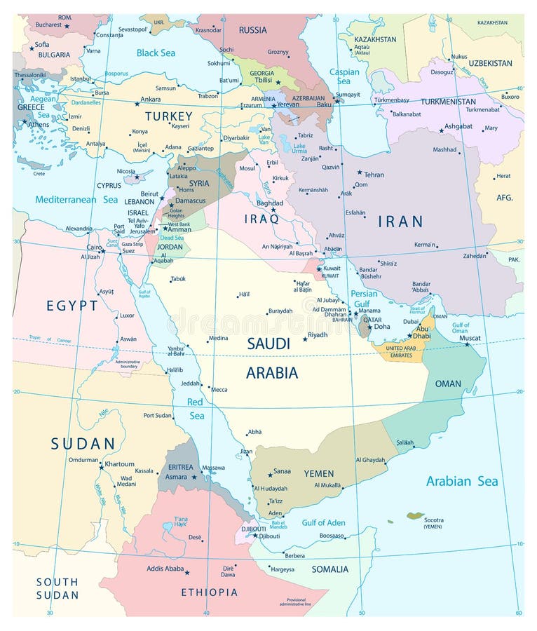 Карта Аравийского полуострова политическая Иллюстрация вектора -иллюстрации насчитывающей средне, восточно: 39076370