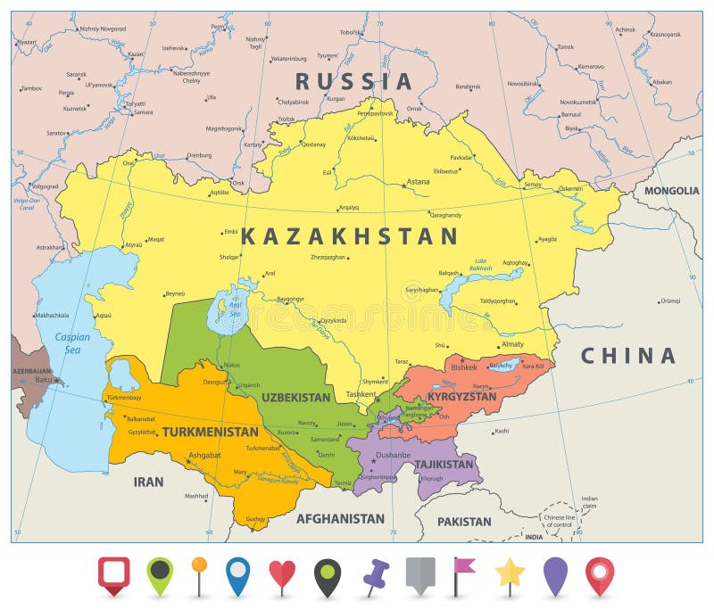 Карта Средней Азии политическая Иллюстрация вектора - иллюстрациинасчитывающей город, зоны: 111141146