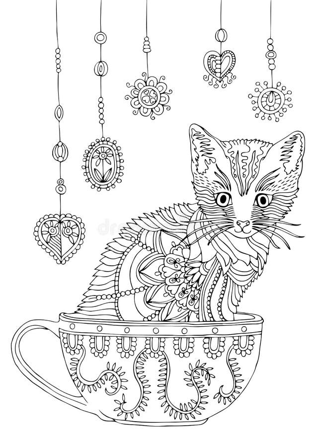 Раскраска котик в кружке