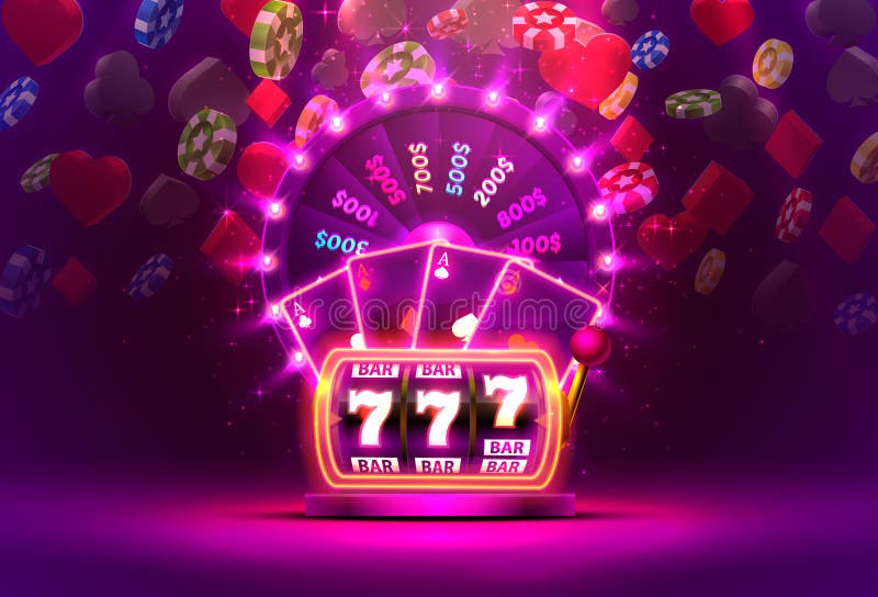 Колеса удачи казино игровой автомат неонового красочного неон выигрывает джек-пот.  иллюстрация штока