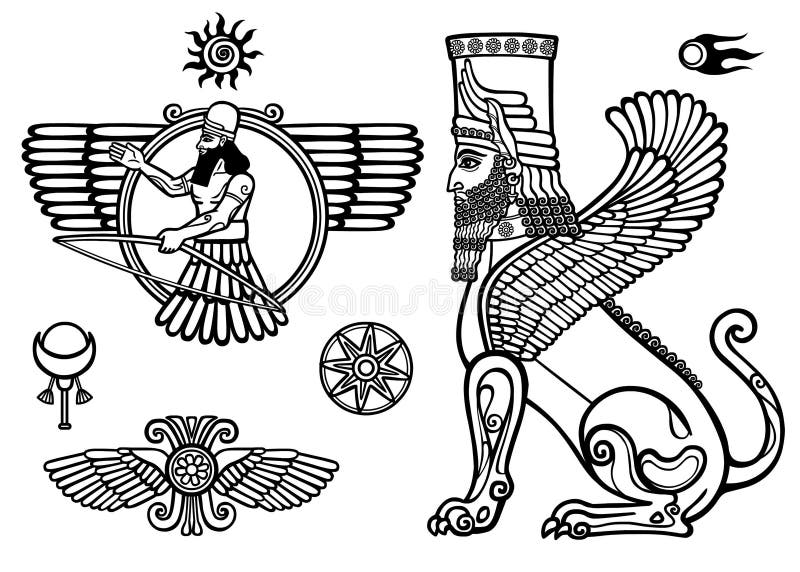 Комплект диаграмм ассирийской мифологии: сфинкс, который подогнали бог, Сол...