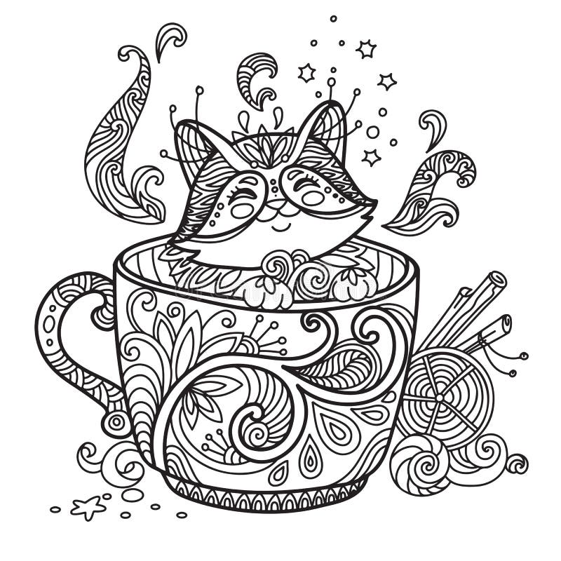 Раскраска котик в кружке