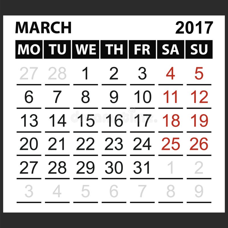 Календарь март 2017