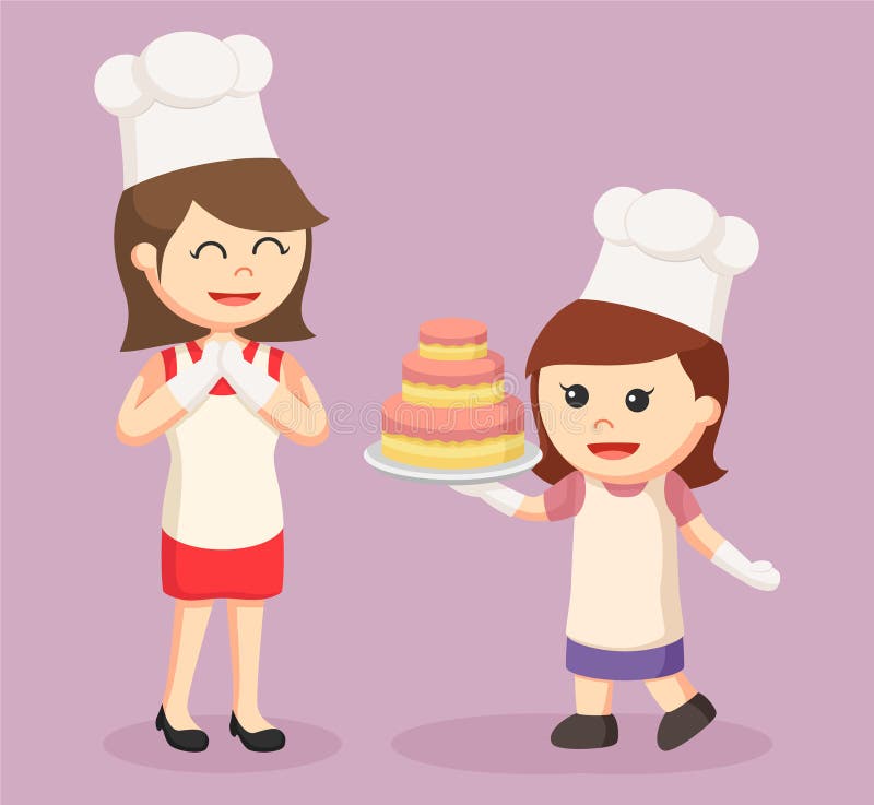 Мама печет торты. Кондитер с дочкой. Девочка с тортом вектор. Мама печет торт картинки для детей. Рисунок мама и дочь готовят торт.