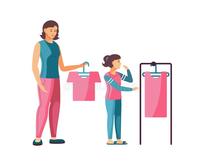 Мама с дочкой в магазине одежды иллюстрация. Мама с дочкой шоппинг вектор.