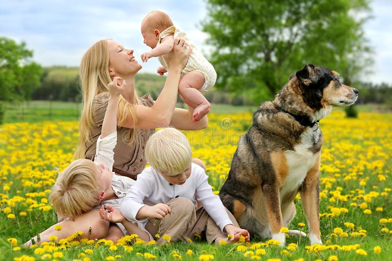 Семья собака лето. Мама с 3 детьми. Многодетная семья и собака. Семья с собакой на природе.