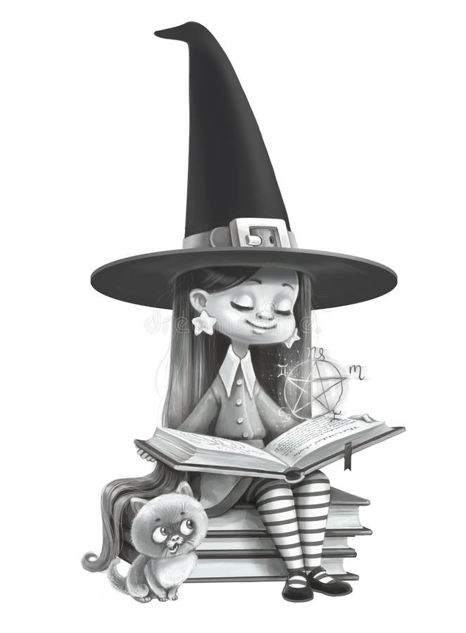 милая ведьма сидит на стоге книг и читает маленького котенка сидит рядом с ...