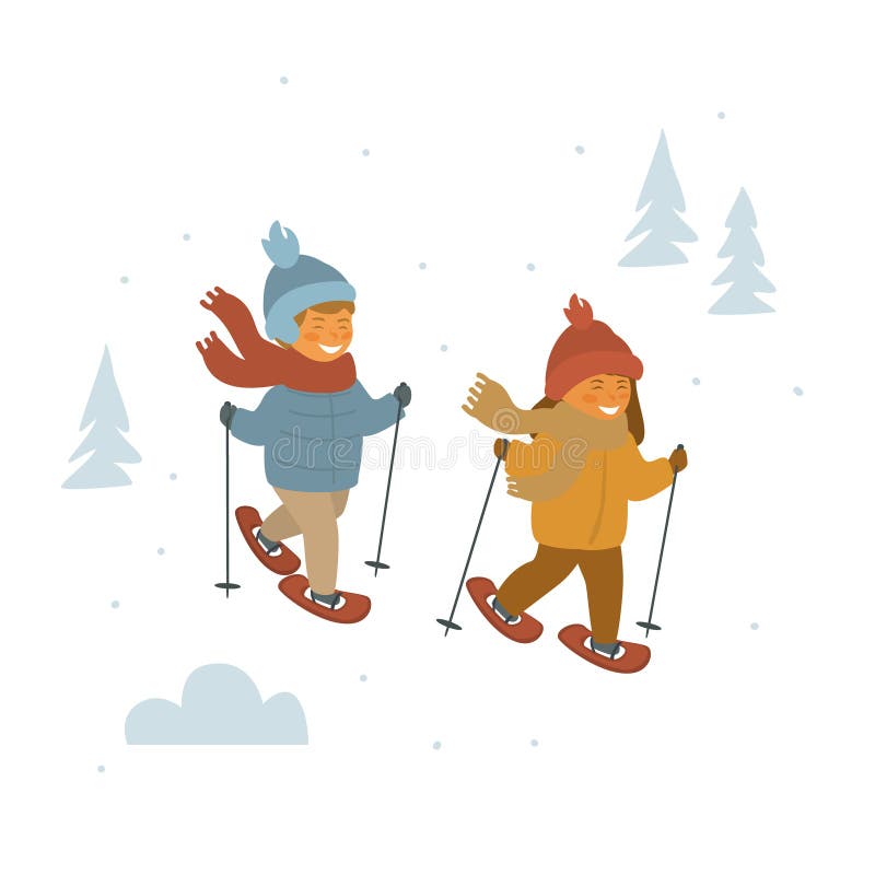 Милые дети мальчик и девушка snowshoeing в лесе зимы. 