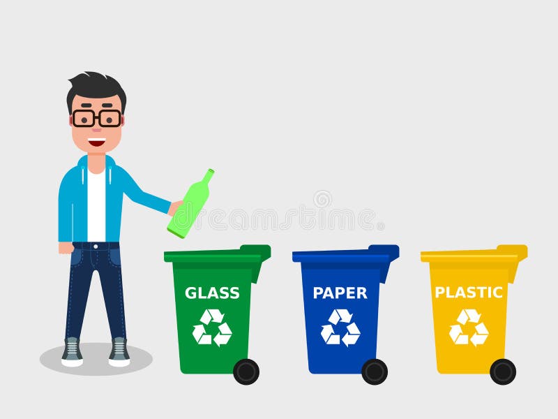 Кидай стек. Glass Recycling. Картинка человечек выкидывает бутылку в мусорный бак на белом фоне. Segregate your Trash. If you recycle your Glass Plastic and paper you'll help the environment.