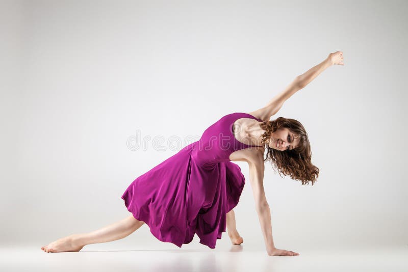 A dance wear. White Ballerina in Purple, Pixar Style. A young girl wearing a Flared out Black and Purple Dress Dances and poses. Studio shots, isolated on White background.