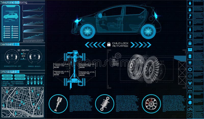 Car Auto Service, Modern Design HUD, Diagnostic Auto infographic.  Futuristic User Interface. Virtual Graphical Interface in Modern Style  (FUI, Auto Scanning, Analysis and Diagnostics) HUD Auto Repair Stock Vector