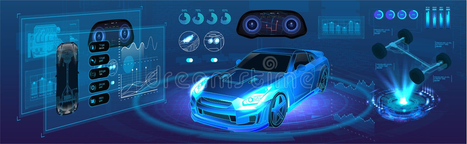 Diagnostic Auto in HUD style. Scan Automobile in 3D visualisation hologram.  3D illustration Stock Illustration