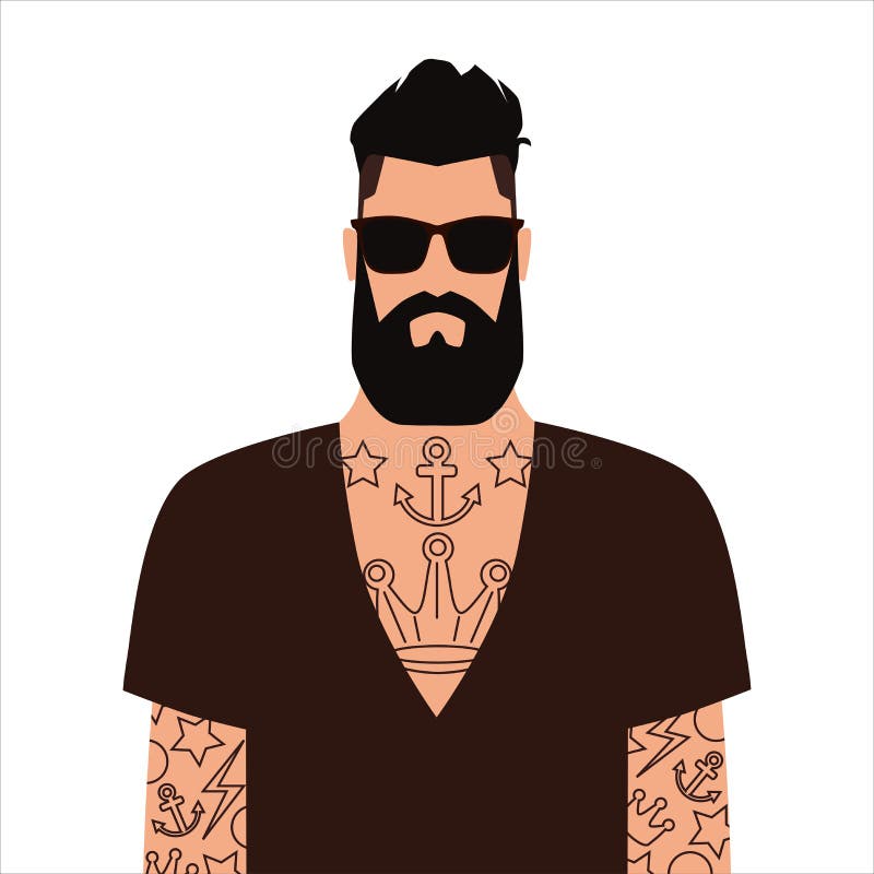 Hipster. a Bearded Man with Tattoos and Sunglasses. Fashionable Haircut.  Modern and Fashionable Image Stock Vector - Illustration of contour,  graphic: 182139520