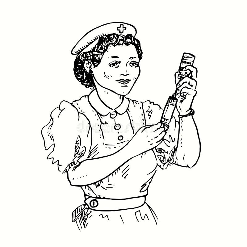 Nurse Getting Ready To Inject Getting Vaccine From Bottle Vial Ink Black And White Drawing Stock Vector Illustration Of Black Care
