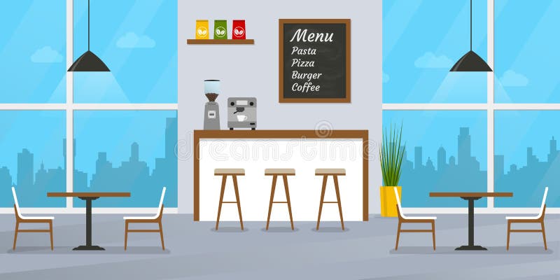 Cafe or Restaurant Interior Design with Bar Counter, Tables and Chairs. Cafeteria  Inside with Window and Menu Board Stock Vector - Illustration of cartoon,  coffee: 211907432
