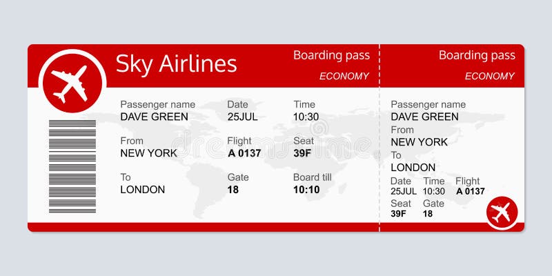 Plane Ticket Template. Airplane Flight Ticket Blank. Boarding Pass. Vector  Illustration. Stock Vector - Illustration of vacation, flight: 234314873
