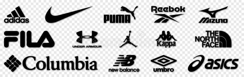 Nike Ведущие логотипы популярных брендов спортивной одежды: Nike, Иордания, Adidas, Puma, Reebok Редакция иллюстрация вектора В в Редакционное Изображение - иллюстрации насчитывающей иордан, найк: 199405575