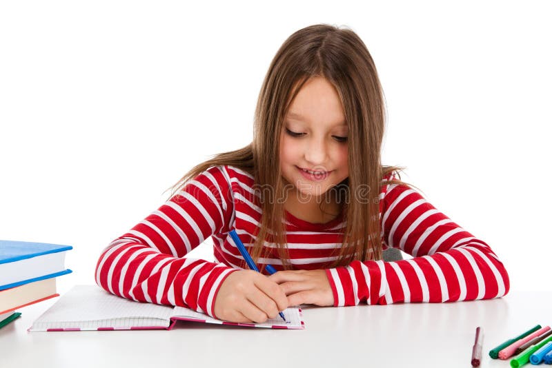 Маленькая девочка за учебой картинка. Learning girl on White background. Model 2 reading