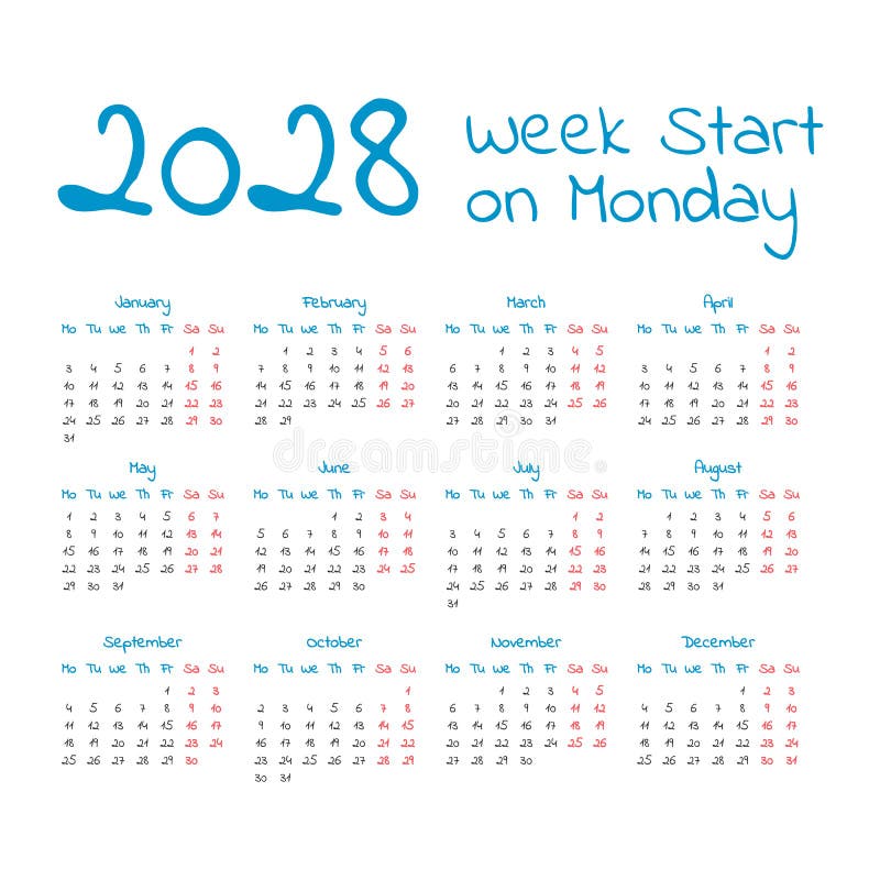 Простой календарь 2028 год иллюстрация вектора. иллюстрации насчитывающей  дневник - 117604912