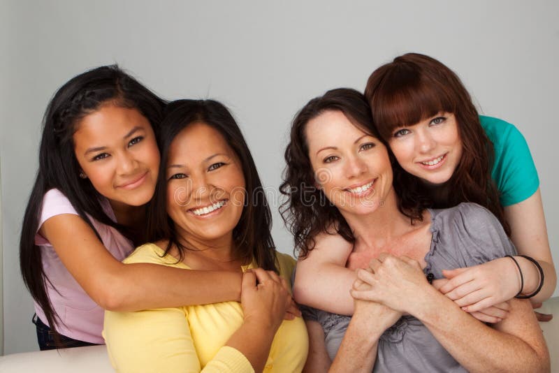 Mother Group. Asian mother and daughter Group photo hair Care poster White background. Мама групповой рассказы