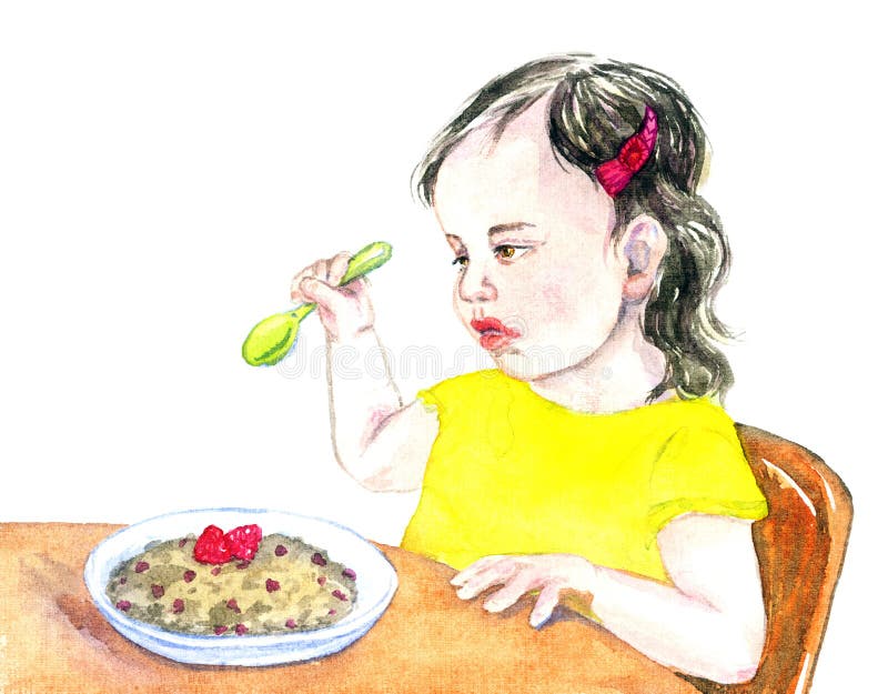 Девочка ест кашу. Картина девочка кушает. Изображение девочка ест для детей. Девочка кушает рисунок.