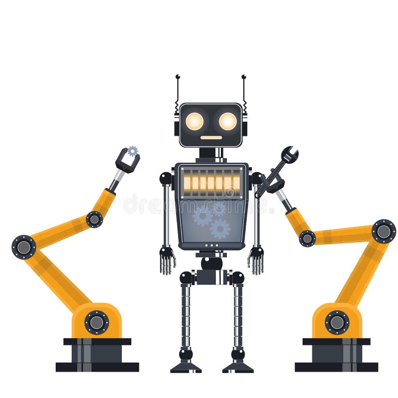 Полевой ремонтный робот. Элементы робота. Производственные роботы. Ремонт робота. Люди строят робот вектор.