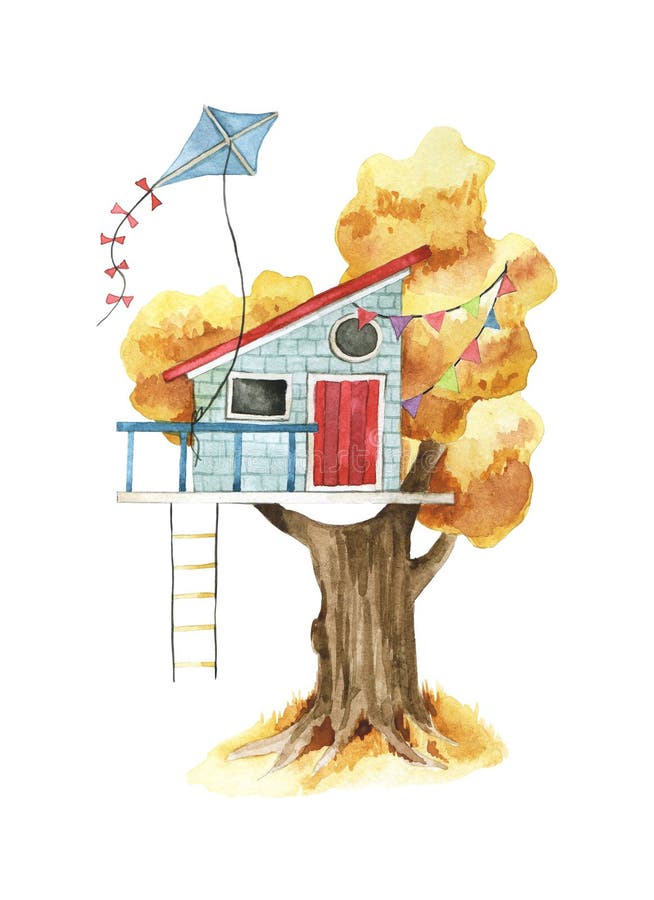 рисование акварелью. милые Treehouse изолированы на белом фоне. дом для  детей на осеннем дереве в стиле мультфильма. Иллюстрация штока -  иллюстрации насчитывающей чертеж, малыш: 223782087