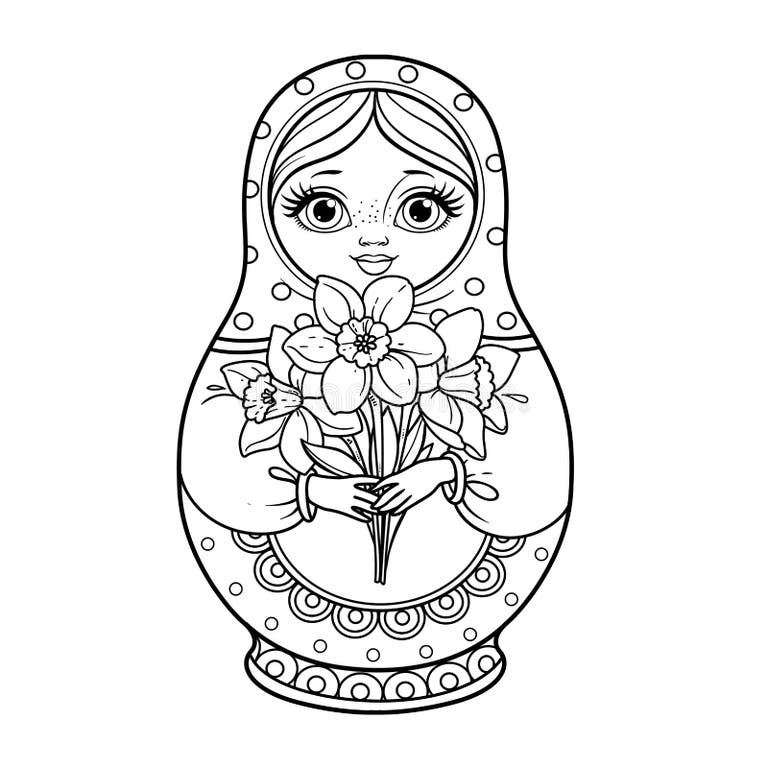 Русская матрешка раскраска для детей распечатать Matryoshka russian doll drawn in outline Vector Image