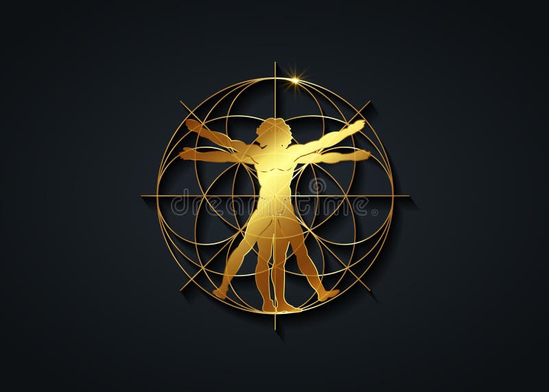 Священный символ золота геометрии. Vitruvian человек. Подробный рисунок на основе золотого artwork логотипом вектора Леонардо Да В иллюстрация штока