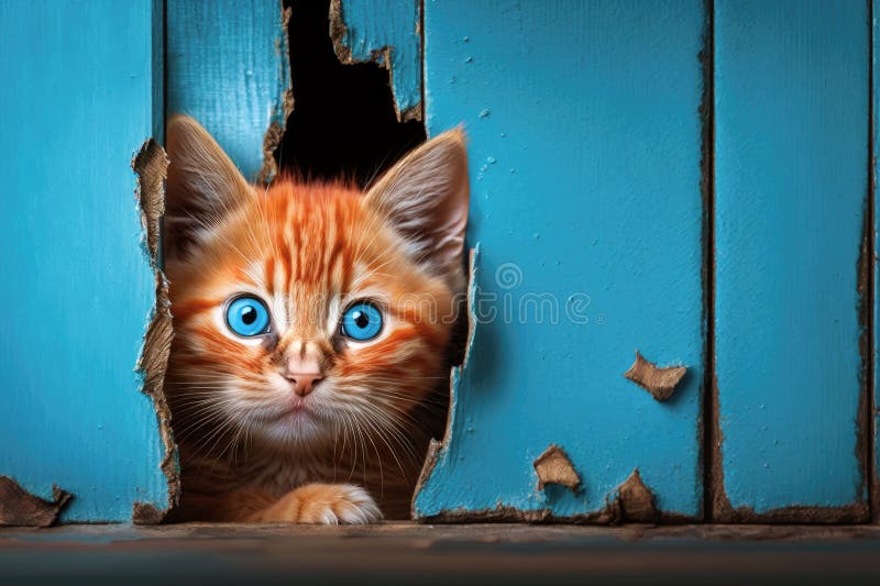 симпатичный котёнок на фоне синей деревянной стены. маленький красный  кошка. генеративный помощник Стоковое Фото - изображение насчитывающей  деревянно, ангстрома: 273726372