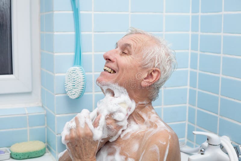 corpulent older in the shower