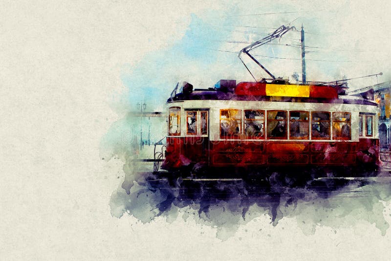 старый трамвай движется по улице лиссабон Иллюстрация штока - иллюстрации  насчитывающей чертеж, станция: 216815185