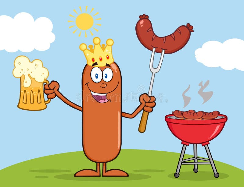 Счастливый персонаж мультфильма сосиски короля, занимающих пиво и weenie ря...