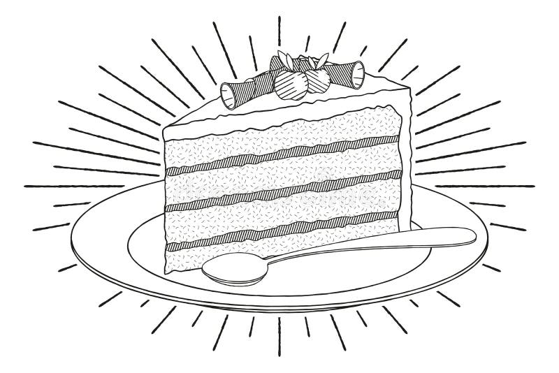 торт/ десерт на тарелке, ложка - черно-белая иллюстрация/ рисование  Иллюстрация штока - иллюстрации насчитывающей изолировано, нашивка:  157638766