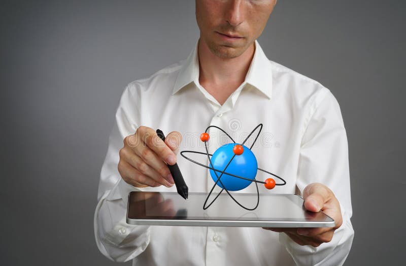 Ученый человек. Ученый держит препарат. Man with Atoms.