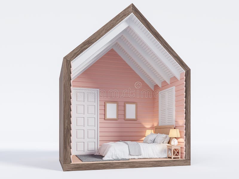 участок маленького дома с розовой спальней 3d Стоковое Изображение -  иллюстрации насчитывающей комната, бело: 234714445